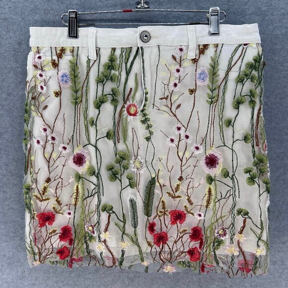 Hydraulic Women sz 12 White Skirt Embroidered Mesh Overlay Floral BOHO Botanical - Picture 1 of 8